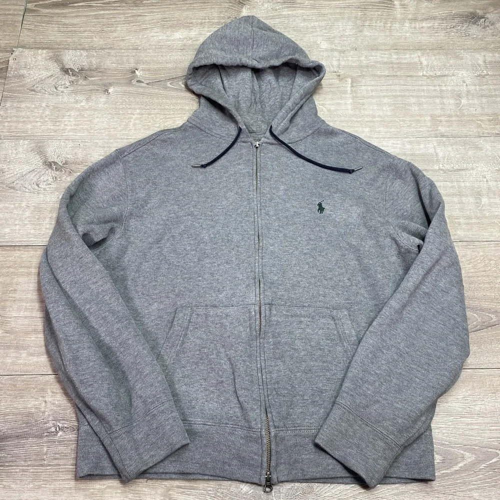 Polo Ralph Lauren‎ Hoodie Mens Large Gray Cotton Full Zip Pony Logo Sweatshirt
